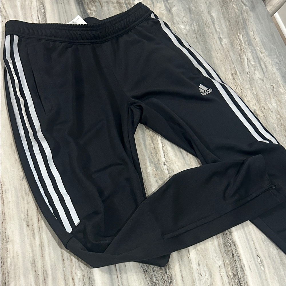 Adidas NWOT Black Joggers White Stripes Sz 12-14 teen zipper ankle drawstring